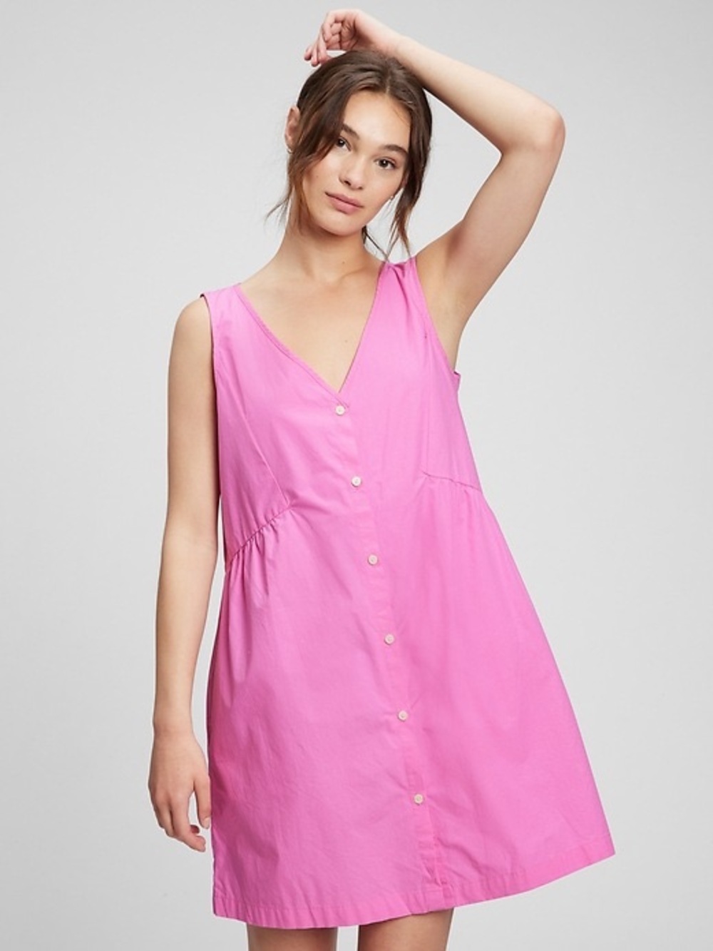Gap Bright Pink V-Neck Button Front Poplin Dress | Size Medium